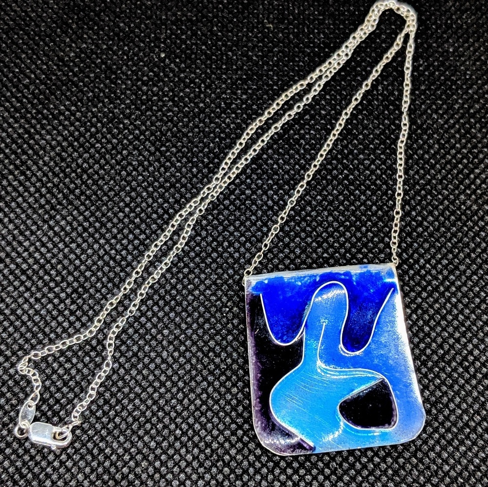 Cloisonne Pendant Necklace Blue on Fine Silver